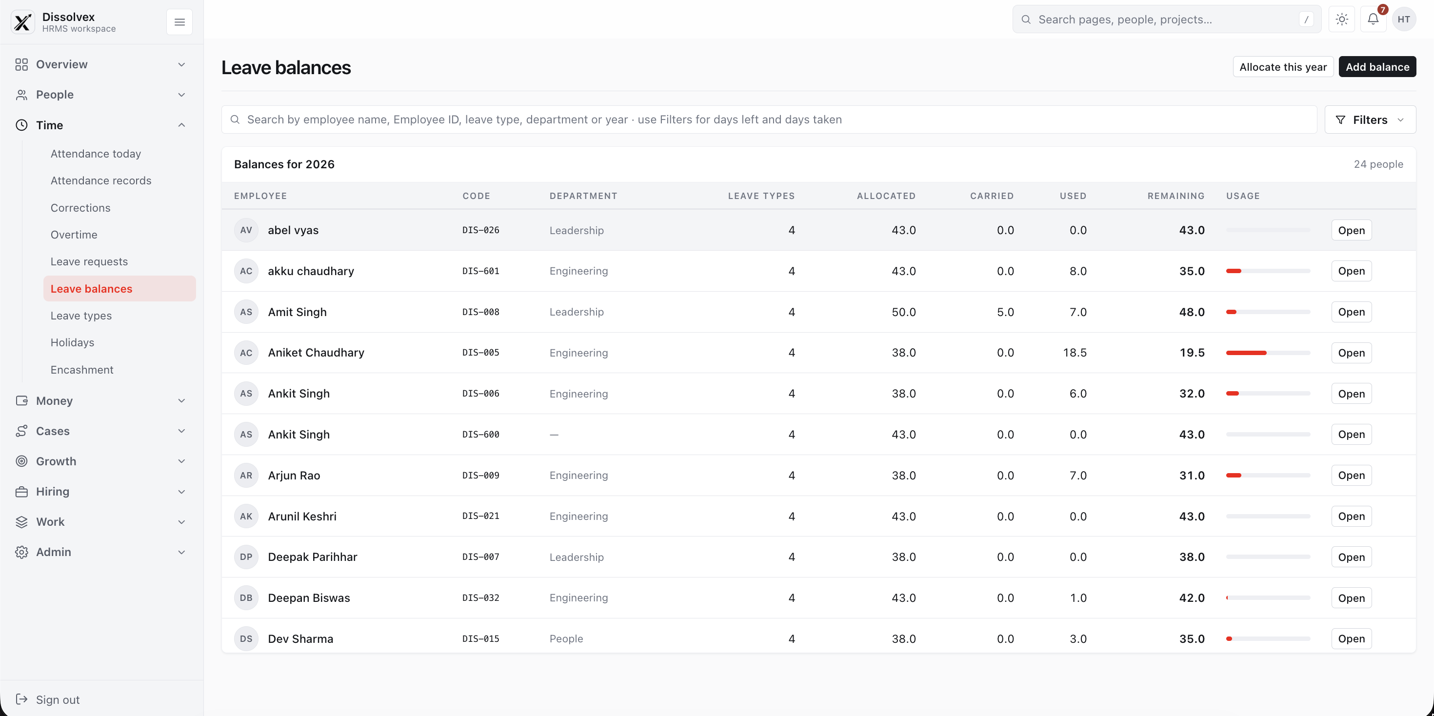 Leave Register Balance and LOP Report — dissolveX HRMS